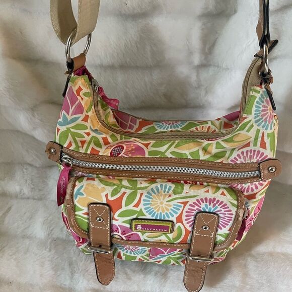 Lily Bloom multi color pastel fabric crossbody bag with tan faux leather trims - Picture 2 of 15
